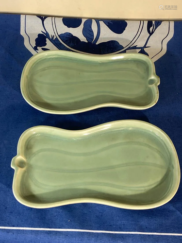 Pair Japanese Celadon Porcelain Dishes - Melons