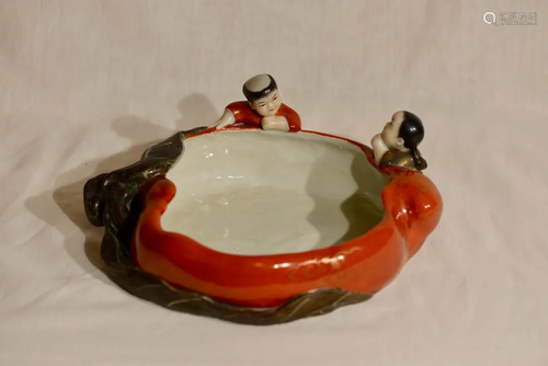 Chinese Porcelain Brush Washer - Boy and Peach