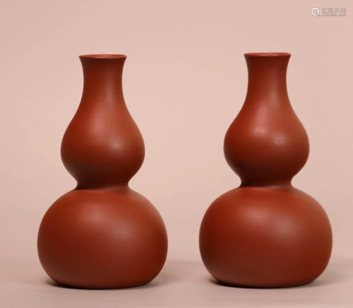 Pair Chinese Yixin Terracotta Double Gourd Vases