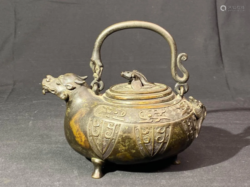 Japanese Bronze Teapot of Dragon Head and Fish Motif