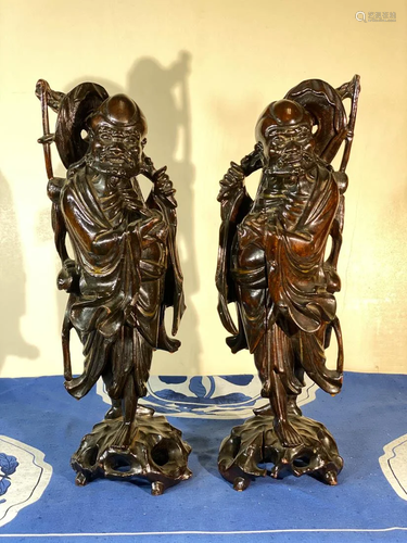 Pair Chinese Carved Wood Immortal Figurines