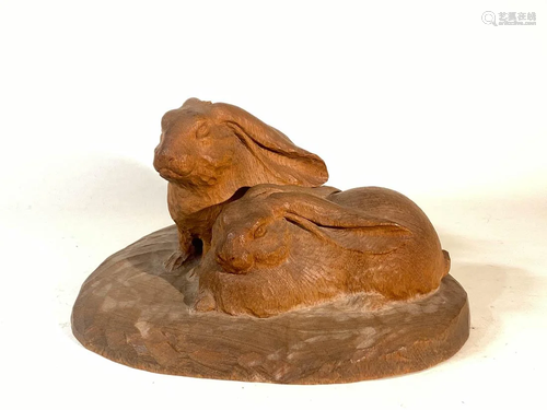 Stunning Japanese carved Wood Okimono - Rabbit