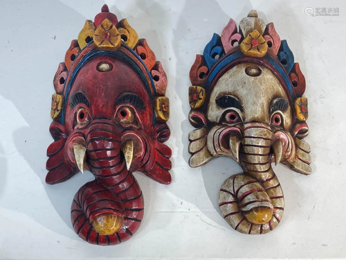 Two Indian Carved Wood Mask - Elephane