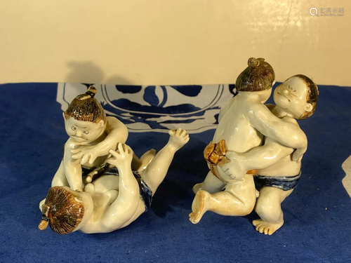 Pair Japanese Stdio Porcelain Sumo Wrestler