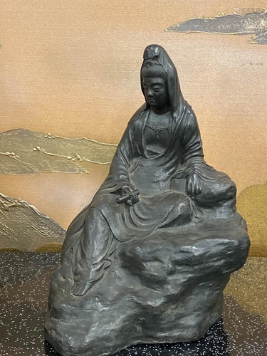 Japanese Bronze Kuanyin Seated on Rock Formation