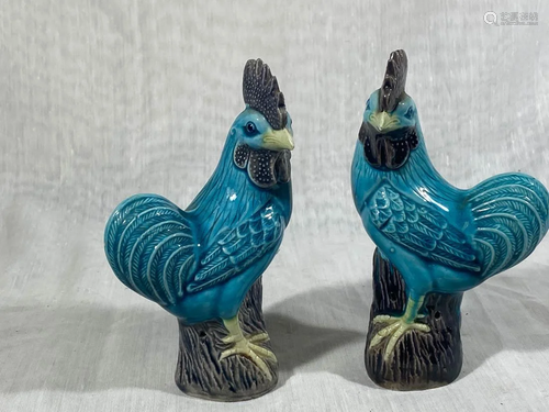 Pair Chinese Turqois Glazed Porcelain Roosters