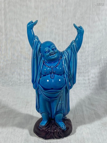 Chinese Peacock Blue Glazed Laughing Buddha