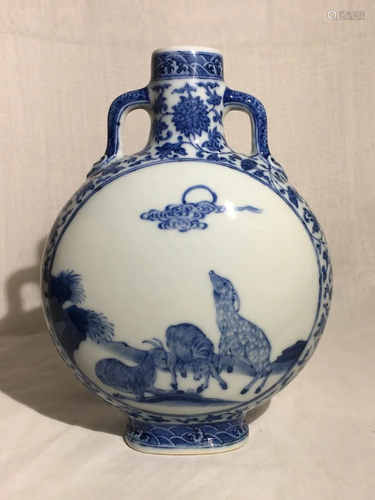 Chinese Blue White Monnflask Vase - Sheep