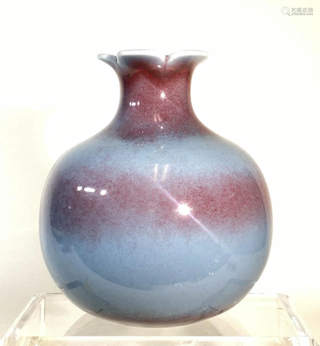 Chinese Sky Blue Porcelain Vase with Peach Bloom Copper