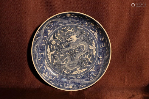 Chinese Blue White Porcelain Dish with Dragon Motif