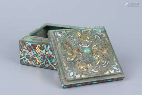 Chinese Bronze Gold Painting Cover Box Inlaid With Turquoise
