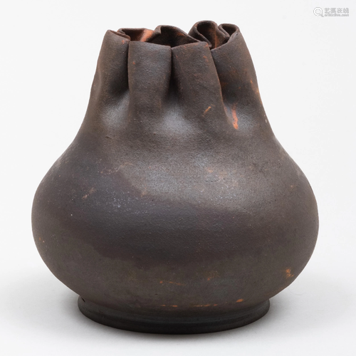 George E. Ohr Brown Pottery Cinched Vase