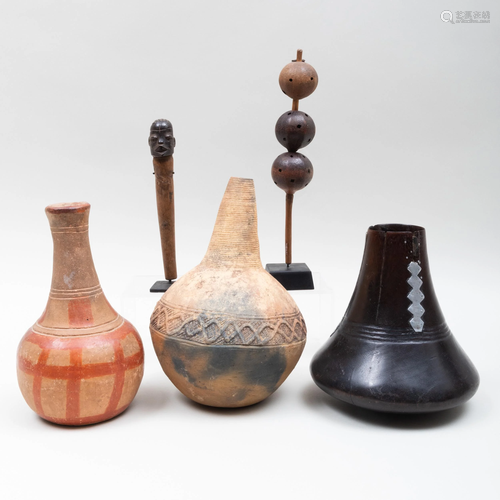 Group of Five African Articles Including a Luba Rattle,