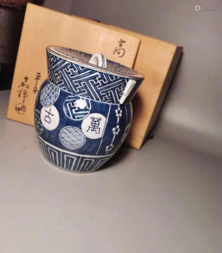 日本瓷器  清水烧 名家昭阿弥青花水指 茶叶罐
