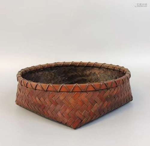 日本明治时期竹编炭篓，碳篮子一只