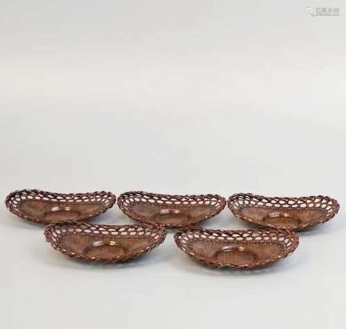日本昭和早期平安铜政作元宝形二段编铜茶托一套五