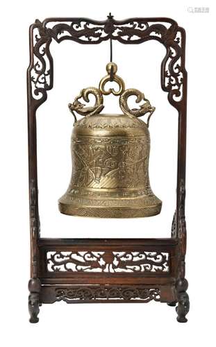 GILT-BRONZE BELL ON HARDWOOD STAND LATE QING DYNASTY with tw...