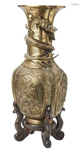 LARGE BRONZE VASE ON HARDWOOD STAND LATE QING DYNASTY the ne...