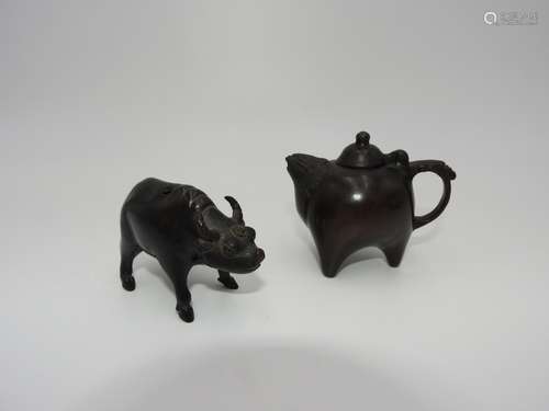 TWO BRONZE WATER DROPPERS QING DYNASTY one in the form a a t...