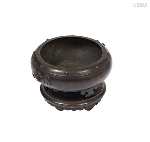 BRONZE AND INLAID TRIPOD CENSER AND STAND QING DYNASTY, 19TH...