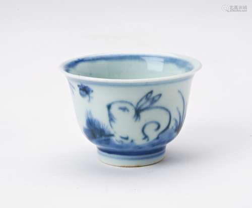 BLUE AND WHITE 'HARE' WINE CUP CHENGHUA FOUR CHARACT...