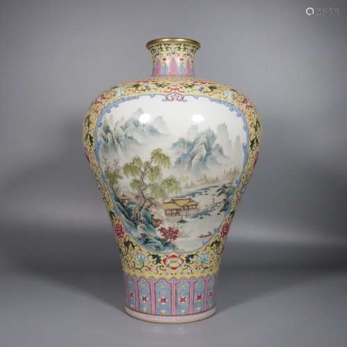 Famille Rose Prunus Vase with the Pattern of Window and Land...