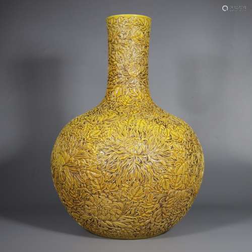 Yellow Bottom Bottle Carved with Floral of the Qing Qian Lon...