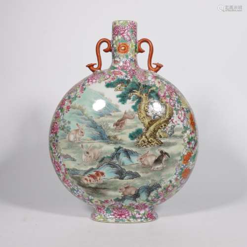Famille Rose Bottle with the Pattern of Floral and Animals o...