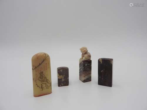 FOUR SOAPSTONE SEALS LATE QING DYNASTY / REPUBLIC PERIOD lar...