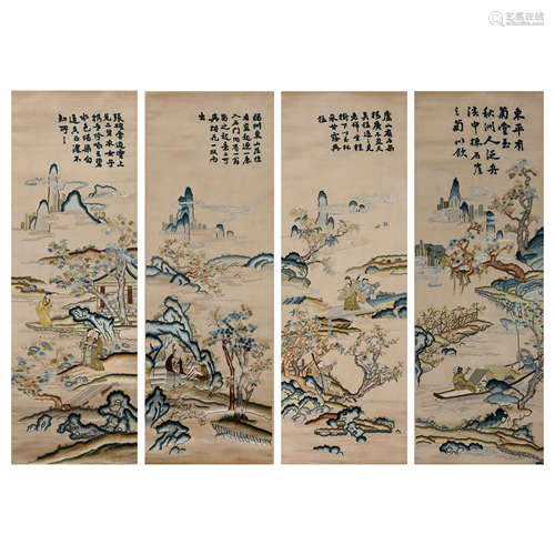 FOUR SCREENS OF EMBROIDERED LANDSCAPE FIGURES, QING DYNASTY,...