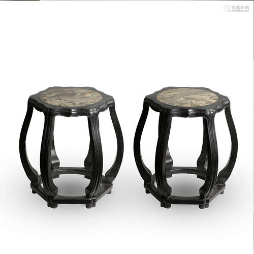 A PAIR OF STONE INLAID RED SANDALWOOD STOOLS, QING DYNASTY, ...