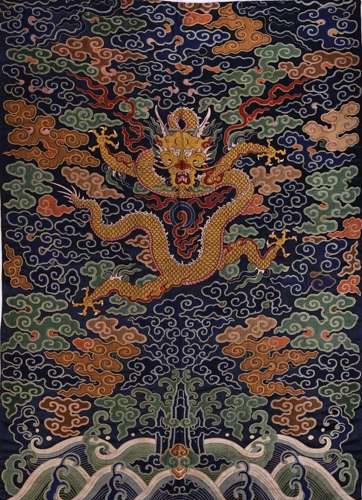 BLUE BROCADE HANGING SCREEN WITH DRAGON PATTERN, QING DYNAST...