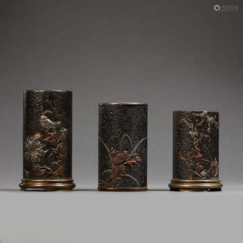 A SET OF IRON INLAID SILVER PEN HOLDERS, QING DYNASTY, CHINA