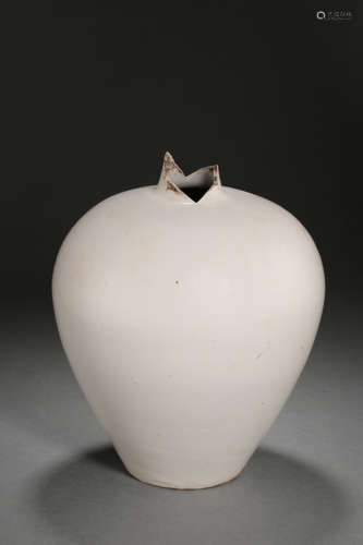 WHITE PORCELAIN DING WARE PLUM BOTTLE, MOUTH MISSING, LATE T...