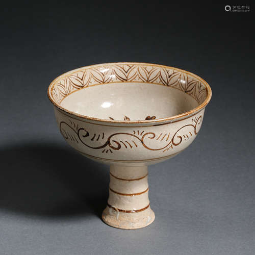 CHINESE JIZHOU WARE PAINTING FLOWER PATTERN STEM CUP, SOUTHE...