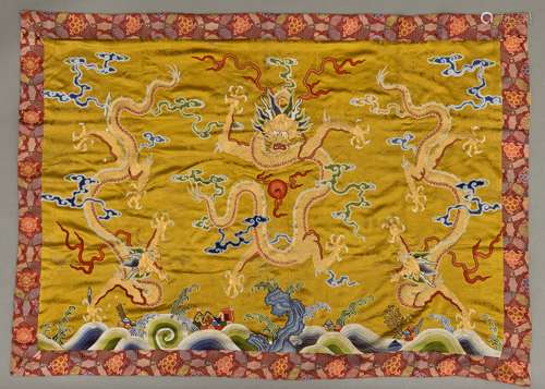 CHINESE QING DYNASTY EMBROIDERED THREE GOLD DRAGON PATTERN H...