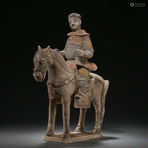 POTTERY MAN RIDING A HORSE FIGURINE, HAN DYNASTY, CHINA