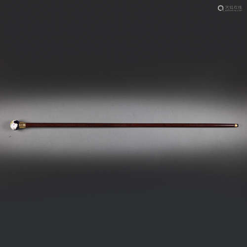 CHINESE QING DYNASTY ENAMEL ROSEWOOD WALKING STICK