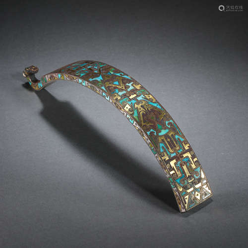 BROZEN BELT HOOK INLAID WITH GOLD, SILVER, AND TURQUOISES, W...