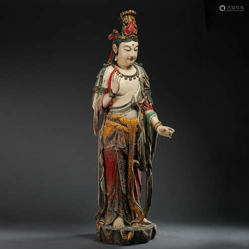 CHINESE QING DYNASTY WOOD CARVED BUDDHA STANDING STATUE