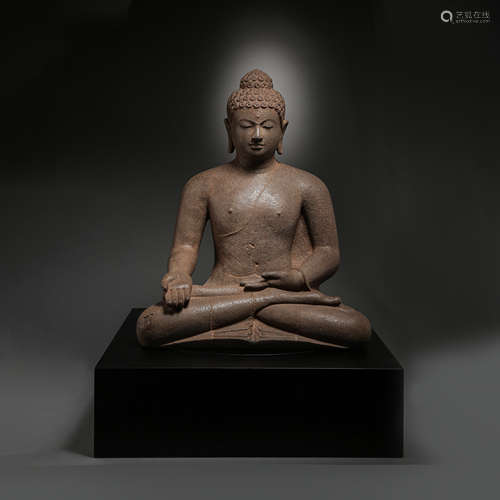 ANCIENT INDIAN STONE BUDDHA SEATED STATUE, 11-12TH CENTURY