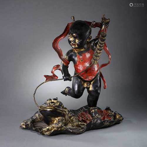 CHINESE BRONZE BOY PLAYS WITH GOLDEN TOAD, QING DYNASTY