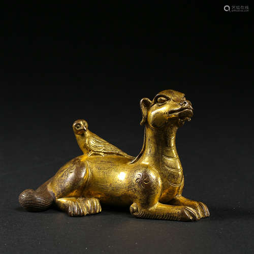 GILT BRONZE BEAST, TANG DYNASTY, CHINA