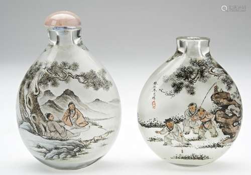 TWO REVERSE GLASS SNUFF BOTTLES 20TH CENTURY each finely pai...