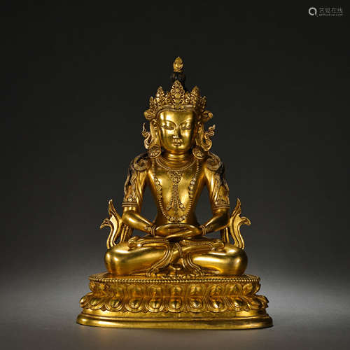 SEATED GILT BRONZE BUDDHA , QING DYNASTY, CHINA