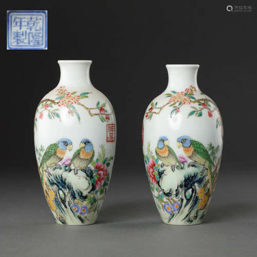 A PAIR OF FAMILLE ROSE VASES WITH FLOWERS AND BIRDS, QIANLON...