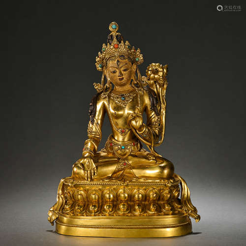 GILT BRONZE SEATED BUDDHA INLAID WITH PRECIOUS STONES, QING ...