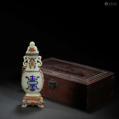 CHINESE JADE VASE WITH SILVER AND FILIGREE INLAID WITH GEMST...