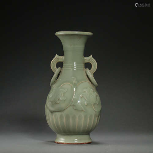 LONGQUAN WARE CELADON PEONY PATTERN DOUBLE HANDLES VASE, SOU...