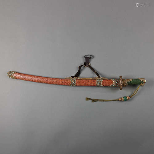 A GILT BRONZE CROCODILE SKIN JADE SWORD , QING DYNASTY, CHIN...